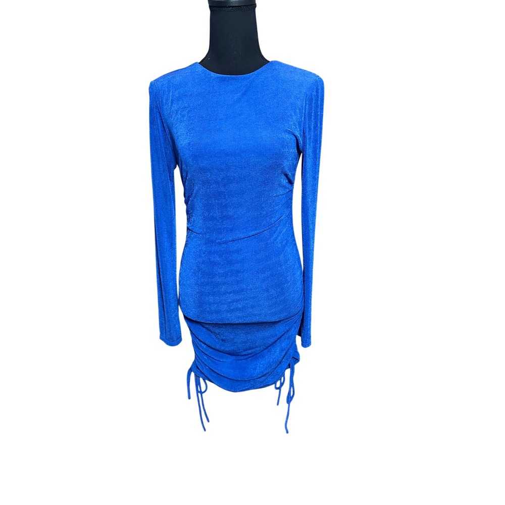 Lucy in the Sky Royal Blue Shimmer Ruched Open Back Mini Dress XS Long Sleeve
